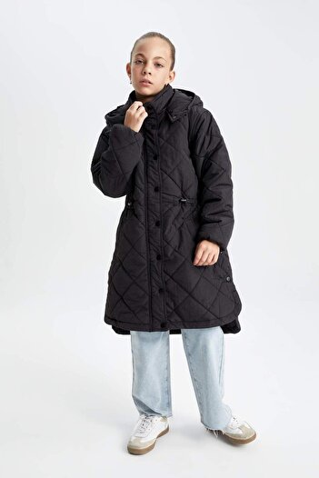 DeFacto Girls' Waterproof Hooded Zipper Snap Pocket Long Coat Parka C8974A824Au
