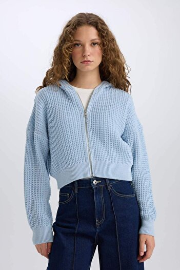 DeFacto Regular Fit Hooded Zippered Knitwear Cardigan E2269Axns