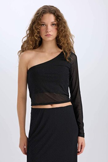 DeFacto Christmas Themed Fitted One Shoulder Tulle Long Sleeve T-Shirt E1869Ax24Wn