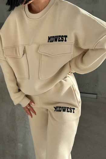 Bliss Cream Women's Winter Soft Textured Comfortable Fit Top and Bottom Set Winter Tracksuit Set