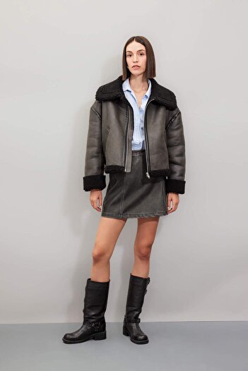 DeFacto Faux Leather Polo Neck Coat - Zip Pockets and Plush Lining, Seasonal D3710Ax24Wn