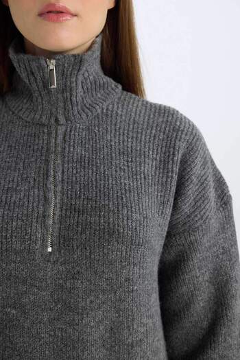 DeFacto Regular Fit Fermuarlı Dik Yaka Uzun Kollu Triko Maxi Elbise	 B0195AX24WN