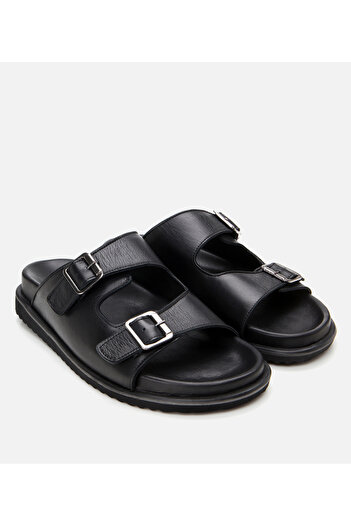 Hotiç Men's Leather Black Comfortable Sole Slippers