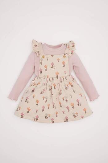 DeFacto 2-Piece Set for Baby Girl - Floral Print Ribbed Dress and Long Sleeve Basic T-Shirt D7252A524Wn