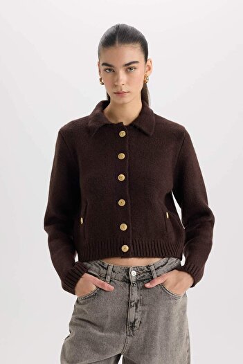 DeFacto Regular Fit Polo Neck Buttoned Knitwear Cardigan D8808Ax24Wn