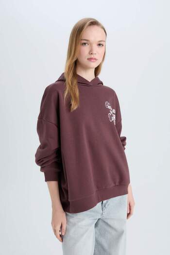 DeFacto Coool Loose Fit Kapüşonlu Sırt Baskılı Kalın Sweatshirt E1495AX24WN
