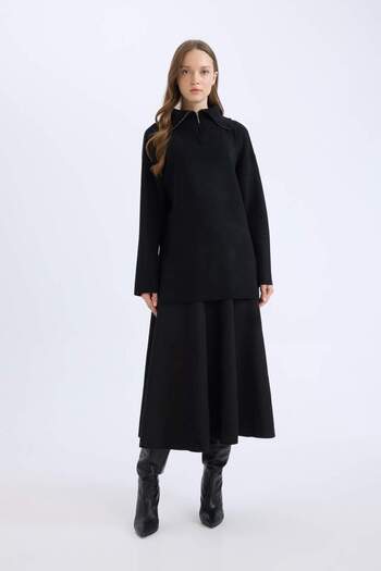 DeFacto Fusta de damă A-Line Basic, simplă, din piele intoarsa, midi, neagra E5405AX/BK81