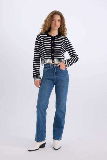DeFacto Striped Regular Fit Crew Neck Knitwear Cardigan - E2272Ax24Cw