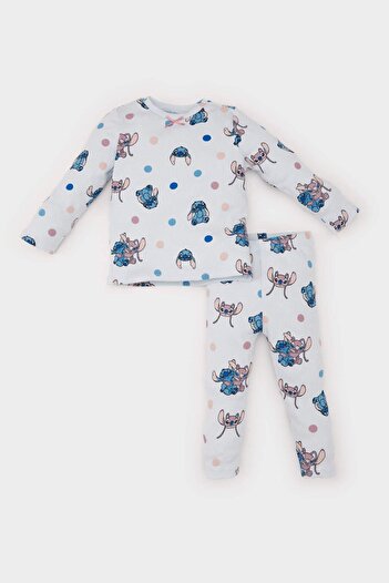 DeFacto Disney Lilo & Stitch Baby-Pyjama-Set für Mädchen – langärmlig, geripptes Leibchen, elastische Taille, langer Boden