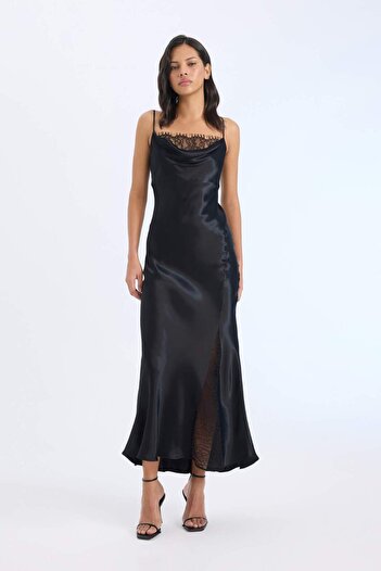DeFacto New Year's Themed Degaje Neck A-Line Satin Strap Midi Dress E0471Ax24Au
