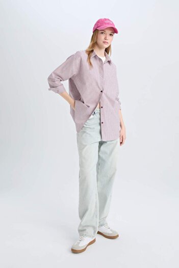 DeFacto Coool Oversize Geniş Kalıp Çizgili Oxford Uzun Kollu Gömlek E1807AX24WN