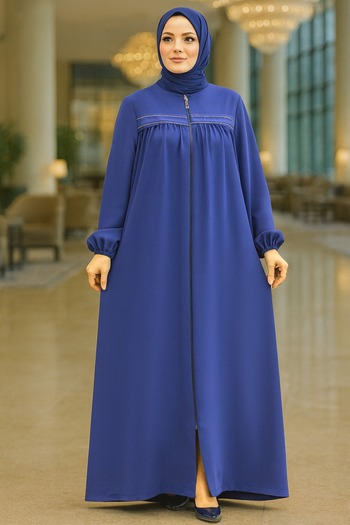 Neva Style Zippered Indigo Blue Hijab Ferace 10533ım