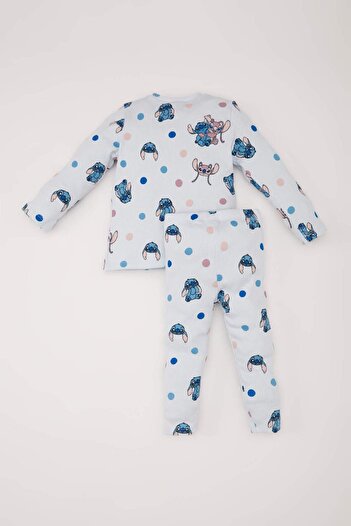 DeFacto Kız Bebek Pijama Takımı Disney Lilo & Stitch Bisiklet Yaka Uzun Kollu Fitilli Kaşkorse Üst Beli Last