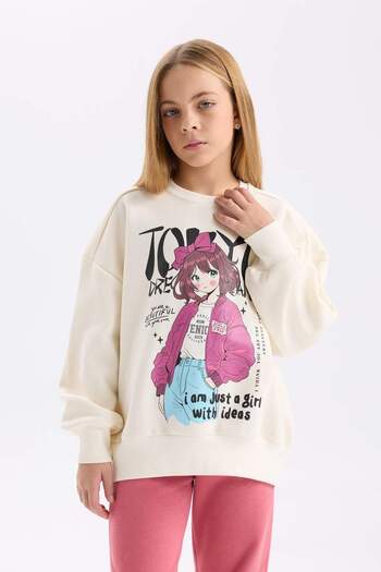 DeFacto Kız Çocuk 2li Takım Bisiklet Yaka Baskılı Sweatshirt Beli Lastikli Eşofman Altı D4868A824WN