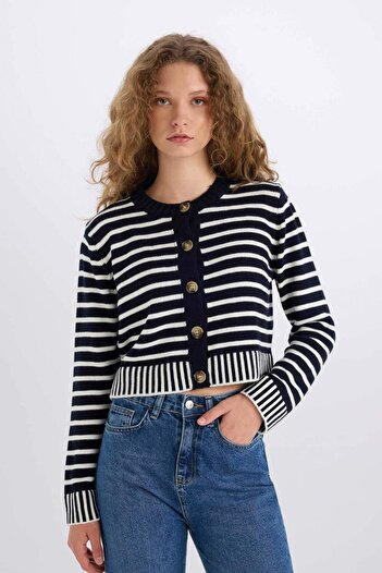 DeFacto Striped Regular Fit Crew Neck Knitwear Cardigan - E2272Ax24Cw