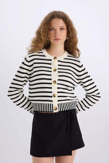 DeFacto Striped Regular Fit Crew Neck Knitwear Cardigan - E2272Ax24Cw