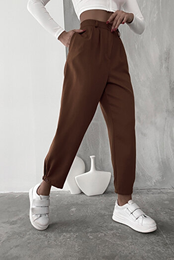 BEJNA Brown Pleated Women's Trousers - Buttoned Leg