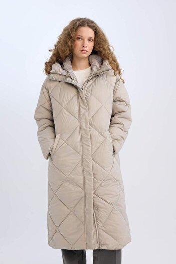 DeFacto Regular Fit Hooded Long Parka Quilted Zipper Snap Pocket D6985Ax24Au
