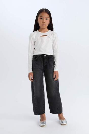 DeFacto Girls' Slim Fit Slim Fit Crew Neck Shiny Fabric Corduroy Long Sleeve T-Shirt
