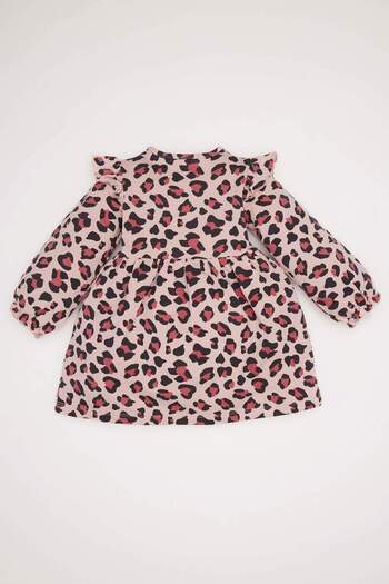 DeFacto Kız Bebek Leopar Desenli Bisiklet Yaka Düğmeli Uzun Kollu Elbise D7423A524WN
