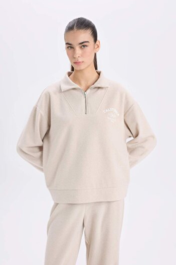DeFacto Regular Fit Yarım Fermuarlı Baskılı Sweatshirt E1850AX24WN
