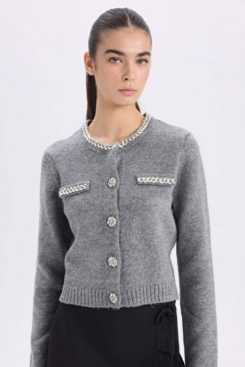 DeFacto Regular Fit Crew Neck Stone Button Knitwear Cardigan D8521Ax24Wn
