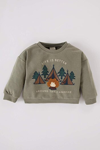 DeFacto Φούτερ Baby Boy Crew Neck Nature με εμπριμέ μαλακό γούνινο φούτερ D5642a524wn