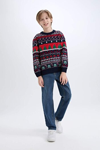 DeFacto Boy's Christmas Themed Crew Neck Knitwear Sweater D5792A824Cw