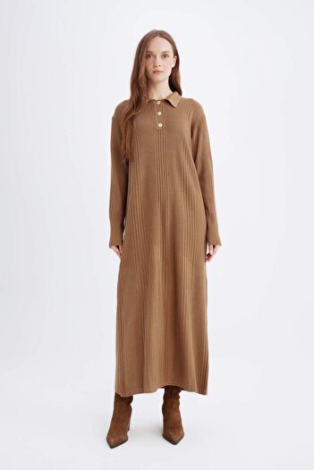 DeFacto Regular Fit Polo Collar Basic Plain Maxi Knitwear Dress D5434Ax24Wn