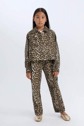 DeFacto Girl's Leopard Print Buttoned Gabardine Long Sleeve Shirt Jacket E2773A824Wn