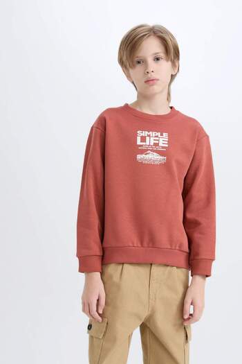 DeFacto Erkek Çocuk Bisiklet Yaka Baskılı İçi Yumuşak Tüylü Sweatshirt D6209A824CW