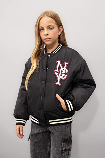 DeFacto Girls' Waterproof College Collar Snap Pocket Bomber Jacket C5408A824Au