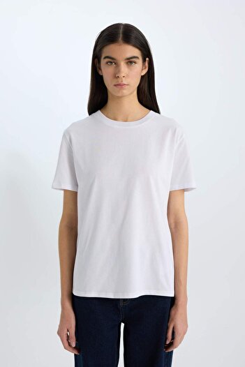 DeFacto Relax Fit Crew Neck Basic απλό χτενισμένο βαμβακερό κοντό μανίκι λευκό μπλουζάκι E4313AX24AU