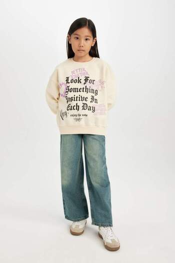 DeFacto Girls' Relax Fit Crew Neck Printed Sweatshirt D4387A824Wn
