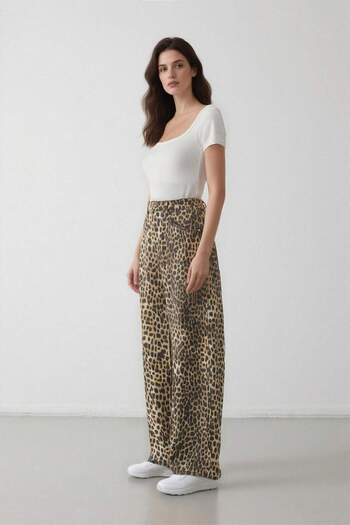 DeFacto Gabardine Pants Baggy Fit High Waist Leopard Print Standard Length D8149Ax24Au