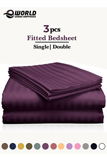 Eworld 3 Piece Purple Striped Cotton Single Bed Sheet Set – Fitted Sheet & 2 Pillowcases