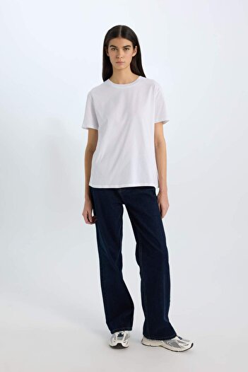 DeFacto Relax Fit Crew Neck Basic απλό χτενισμένο βαμβακερό κοντό μανίκι λευκό μπλουζάκι E4313AX24AU