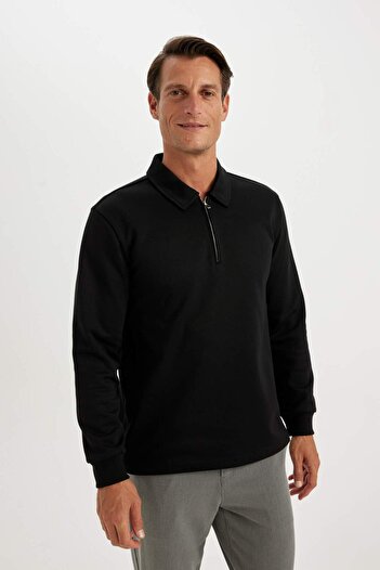 DeFacto Regular Fit Polo Yaka Yarım Fermuarlı Basic Düz Sweatshirt D2279AX24AU