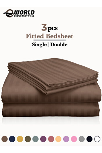 Eworld 3 Piece Brown Striped Cotton Double Bed Sheet Set – Fitted Sheet & 2 Pillowcases