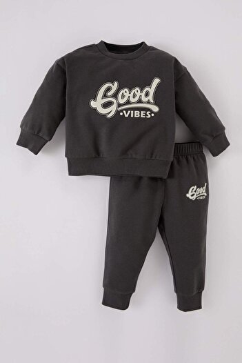 DeFacto Baby Boy 2 Piece Set Crew Neck Printed Sweatshirt Elastic Waist Sweatpants D0724A524Wn