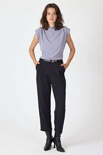 Rays Black Pleated Belted Women's Fabric Trousers 8120A