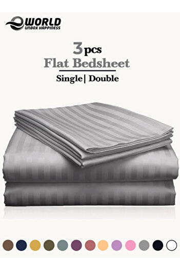 Eworld 3 Piece Gray Striped Cotton Single Bed Sheet Set – Flat Sheet & 2 Pillowcases