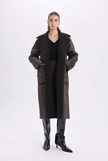 DeFacto Faux Leather Plush Lined Tuxedo Lapel Parka with Buttons and Pockets, Regular Fit D0840Ax24Wn