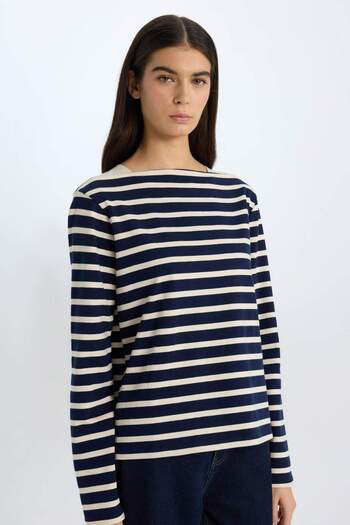 DeFacto Regular Fit Crew Neck Striped Combed Cotton Long Sleeve T-Shirt D9015Ax24Wn