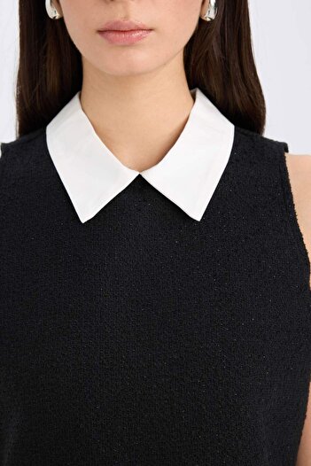 DeFacto A Kesim Gömlek Yaka Basic Düz Tweed Kolsuz Mini Siyah Elbise D2869AX24AU