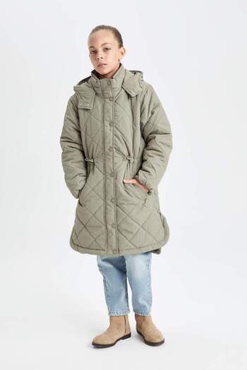 DeFacto Girls' Waterproof Hooded Zipper Snap Pocket Long Coat Parka C8974A824Au
