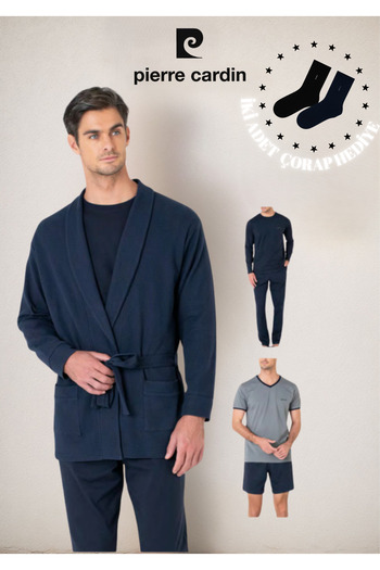 Pierre Cardin Men's Clothing 5 Piece Boxed 100% Cotton Robe & Pajama Set (with Socks as a Gift)