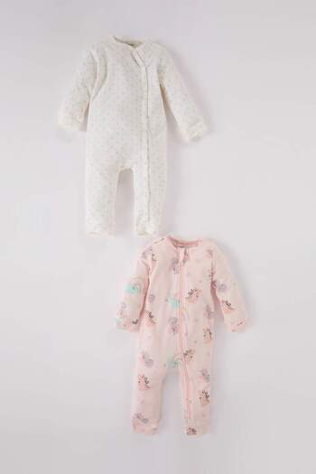DeFacto Baby Girl Newborn Dinosaur Printed 2-Piece Long Sleeve Romper D8302A5Ns