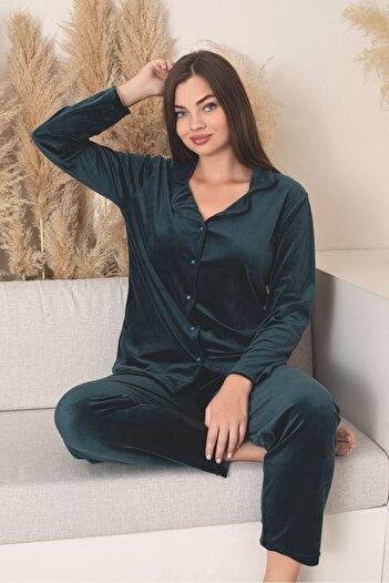 Asel Velvet Women's Pajama Set - Neck Buttoned