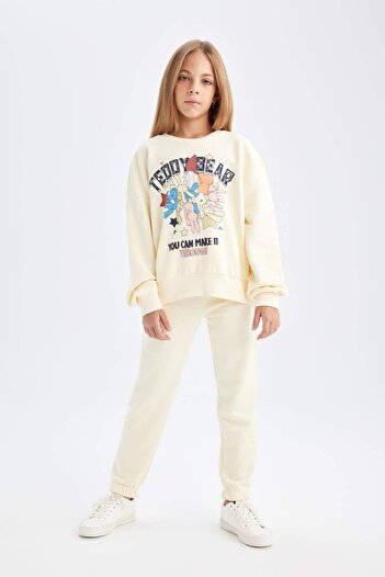 DeFacto Kız Çocuk 2'li Takım Baskılı Sweatshirt Beli Lastikli Eşofman Altı D2218A824WN